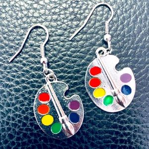 Art earrings multi colored paint pallet earrings. Unique earrings. Cute gift.